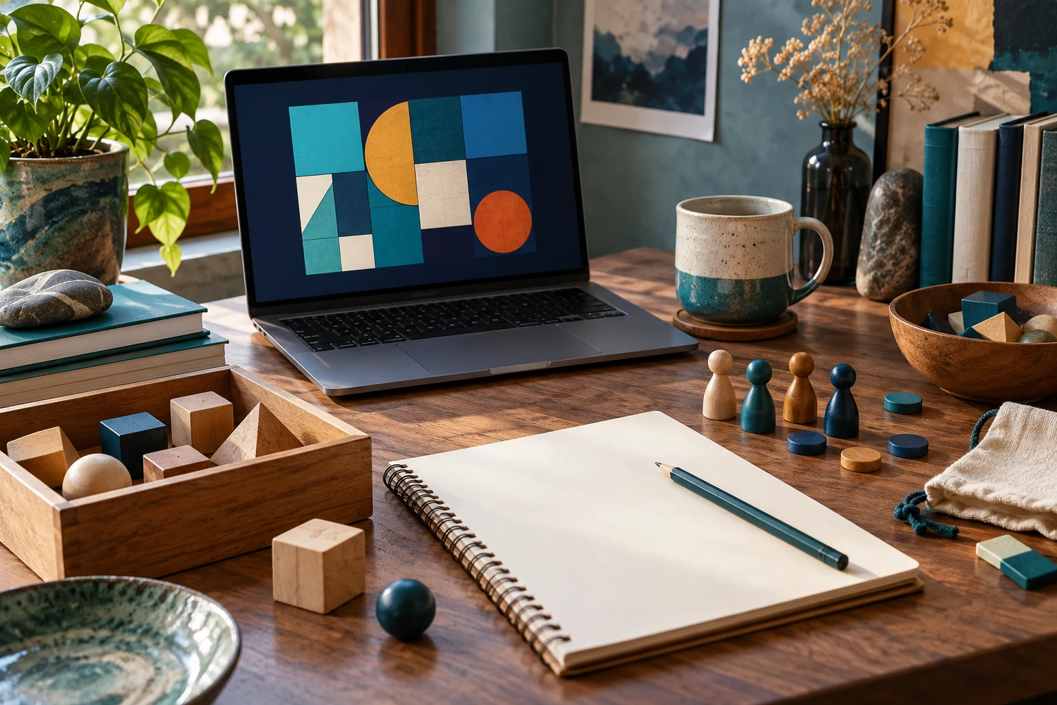 A laptop with an abstract geometric puzzle, a blank notebook and wooden tokens; a fictional illustration.